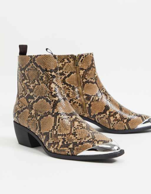 ASOS DESIGN cuban heel western chelsea boots in brown faux leather with snake print angular sole and metal toe cap