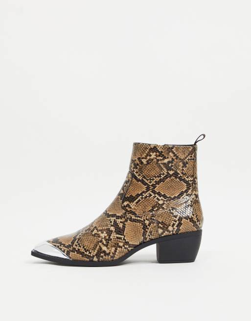 ASOS DESIGN cuban heel western chelsea boots in brown faux leather with snake print angular sole and metal toe cap