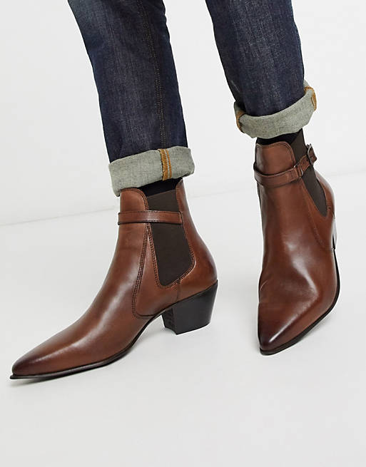 ASOS DESIGN cuban heel western chelsea boots in brown leather with ...
