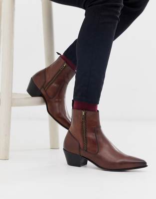 ASOS DESIGN cuban heel western chelsea boots in brown leather | ASOS