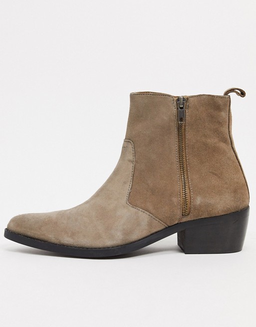 ASOS DESIGN cuban heel western chelsea boots in brown suede with zip detail