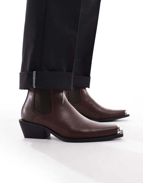 ASOS DESIGN cuban heel western chelsea boots in brown with silver toe cap - view 1