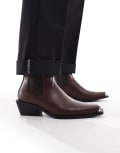 [ASOS DESIGN] ASOS DESIGN cuban heel western chelsea boots in brown with silver toe cap 39 BROWN