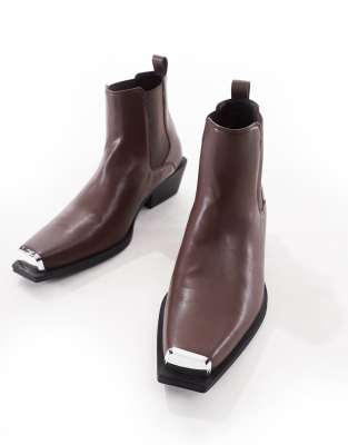 Asos Design Cuban Heel Western Chelsea Boots In Brown