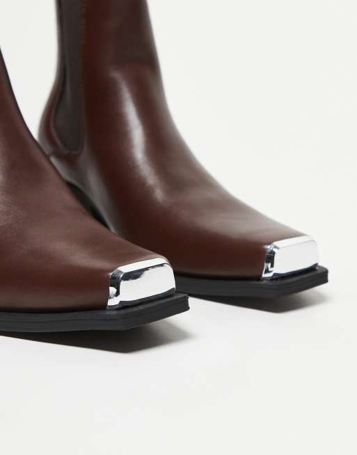 ASOS DESIGN cuban heel western chelsea boots in brown with silver toe cap
