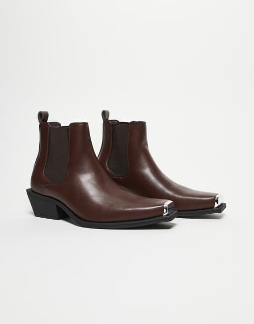 ASOS DESIGN cuban heel western chelsea boots in brown with silver toe cap
