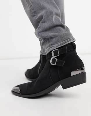 asos design cuban heel western chelsea boots in black leather with buckle detail