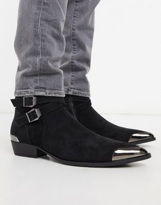 asos design cuban heel western chelsea boots in black leather with buckle detail