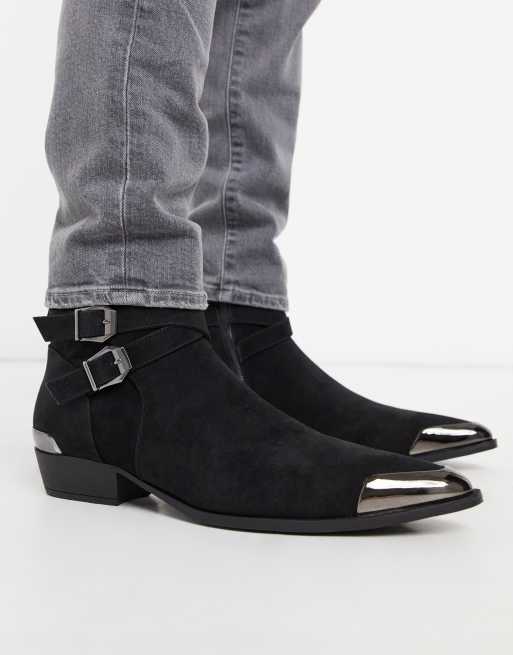 Asos design cuban heel western chelsea store boots in black leather with buckle detail