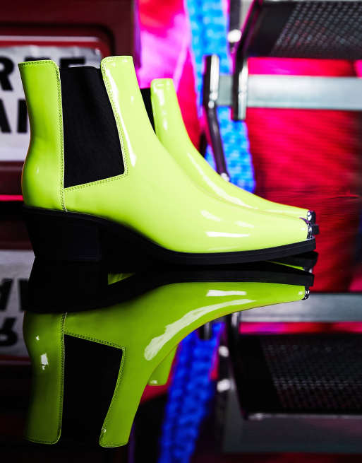 ASOS DESIGN cuban heel western chelsea boots in neon patent faux leather with metal hardware