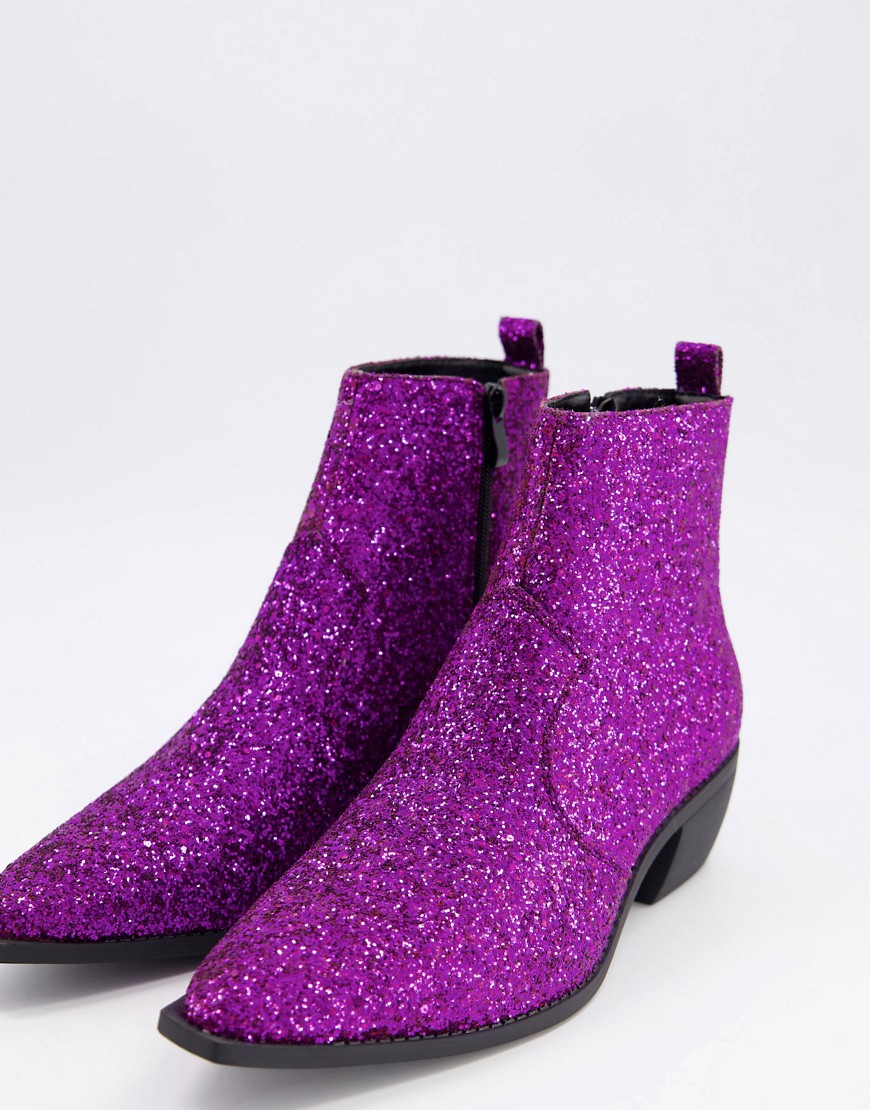 ASOS DESIGN cuban heel western chelsea boots in purple glitter with angular sole
