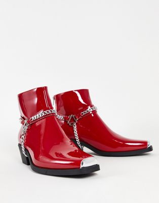 ASOS DESIGN cuban heel western chelsea boots in red patent with silver chain