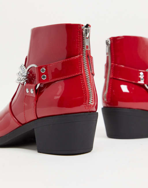 ASOS DESIGN cuban heel western chelsea boots in red patent with silver chain ASOS