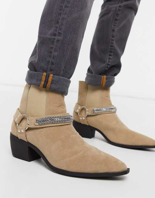 ASOS DESIGN cuban heel western chelsea boots in stone faux suede with chain detail and angular sole