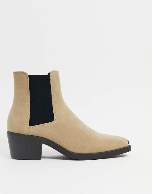 Asos Design Cuban Heel Western Chelsea Boots In Stone Faux Suede With Metal Hardware Asos 1537