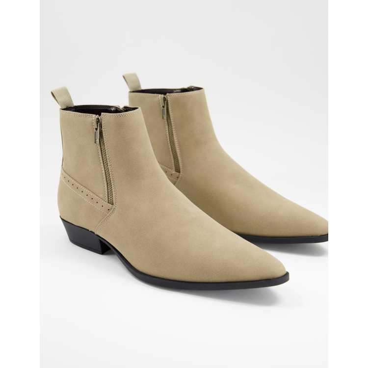 ASOS DESIGN cuban heel western chelsea boots in stone faux