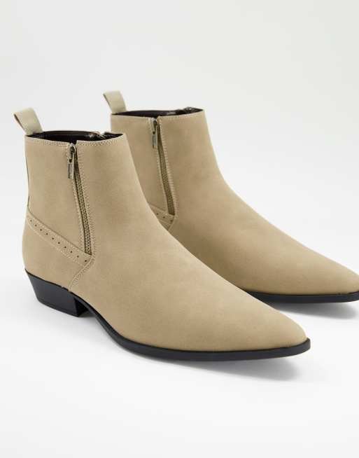 ASOS DESIGN cuban heel western chelsea boots in stone faux suede with zips