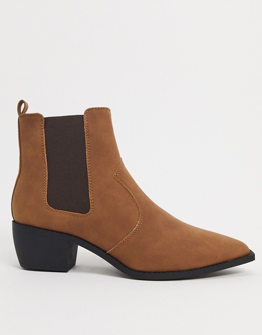 ASOS DESIGN cuban heel western chelsea boots in tan faux leather with angular sole