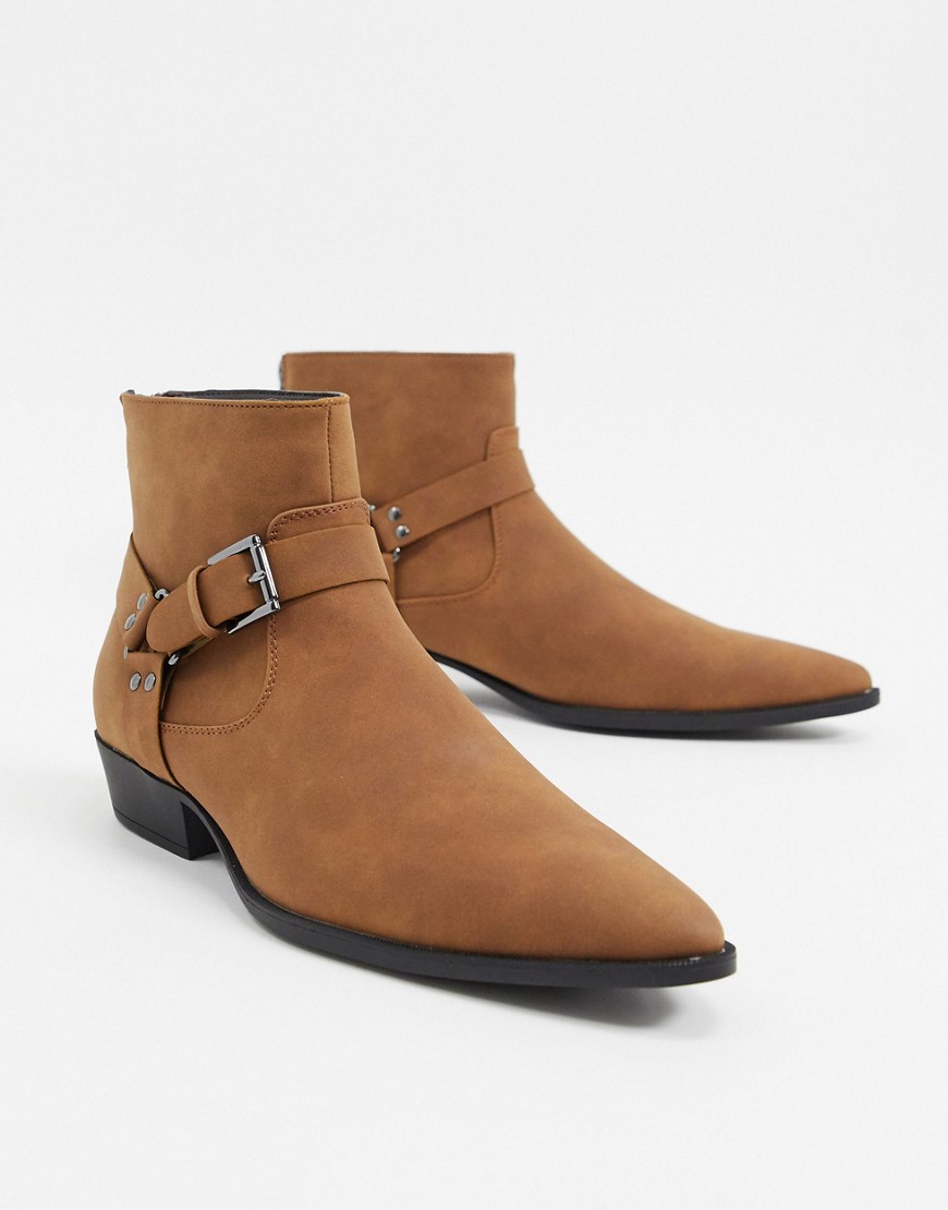 ASOS DESIGN cuban heel western chelsea boots in tan faux suede with strap
