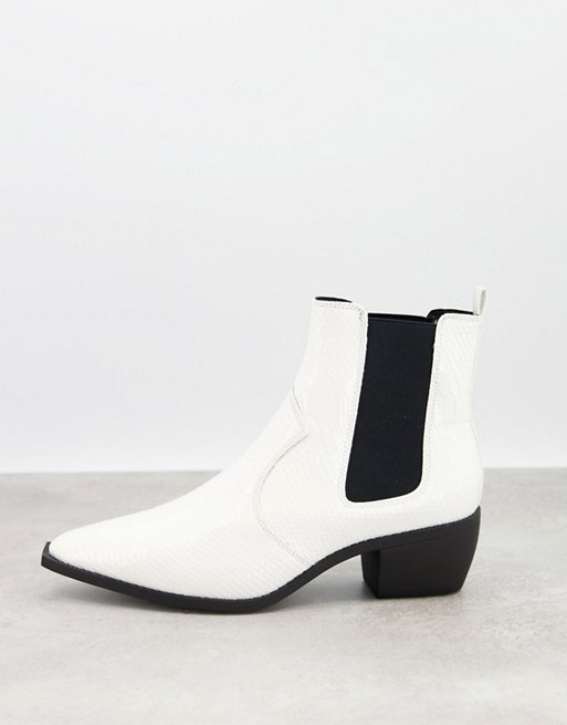 ASOS DESIGN cuban heel western chelsea boots in white faux leather with snake print and angular sole
