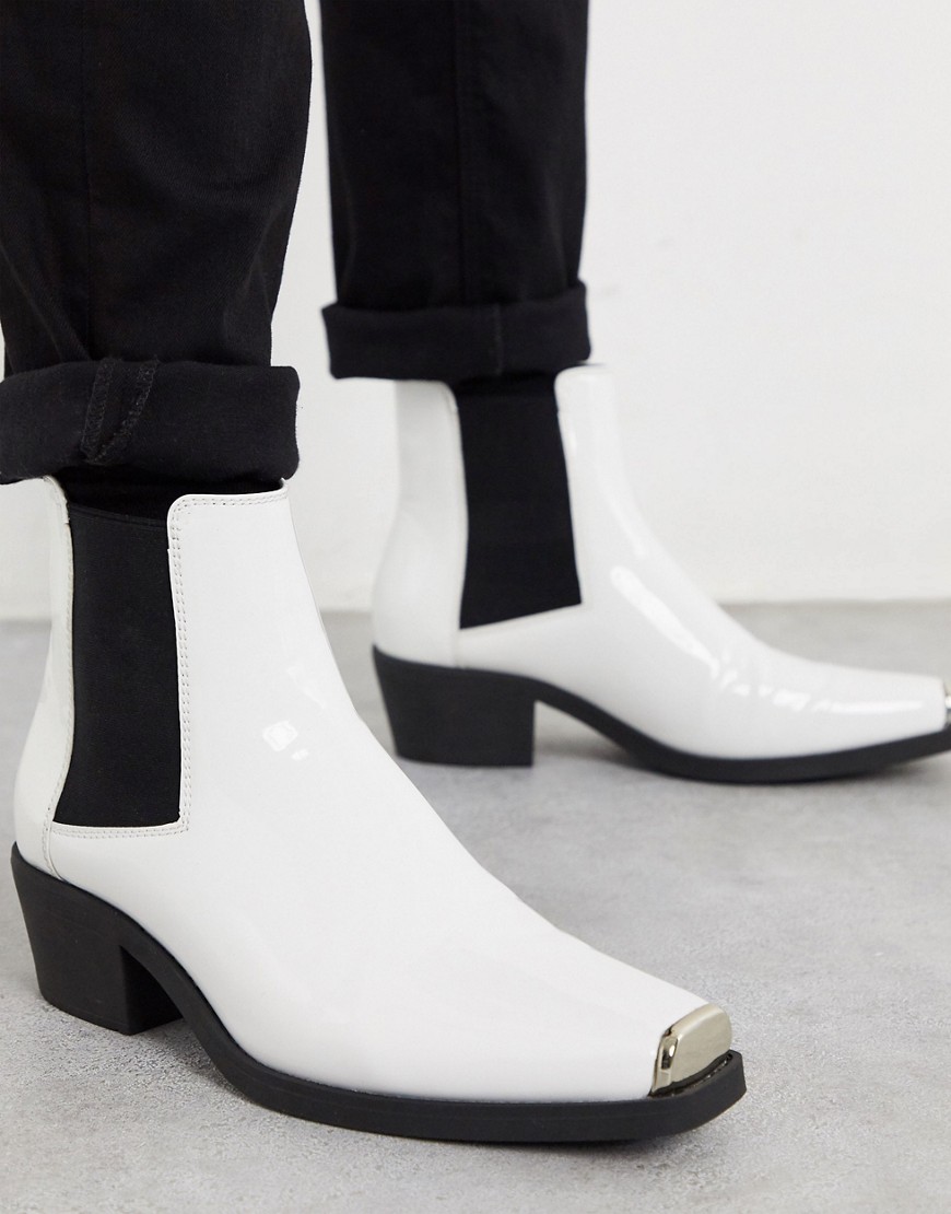 ASOS DESIGN cuban heel western chelsea boots in white patent with metal hardware