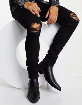 Shop Asos Design Cuban Heel Western Chelsea Boots In Black Faux Leather
