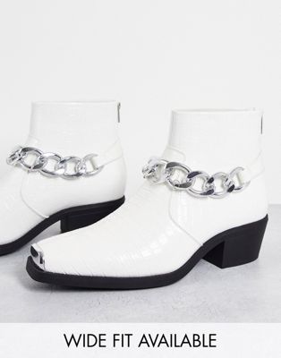 ASOS DESIGN cuban heeled boots in white faux croc with chain detail - ASOS Price Checker