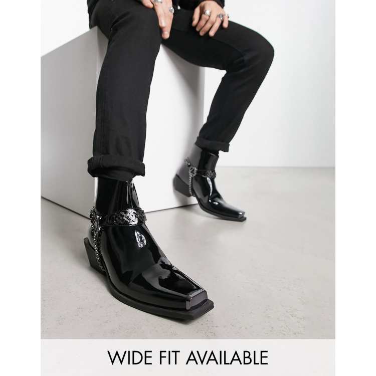 ASOS DESIGN cuban heeled boots in black faux leather with chain detailing