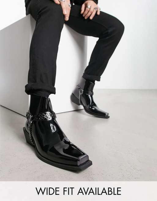 ASOS DESIGN cuban heeled boots in black faux leather with chain detailing ASOS