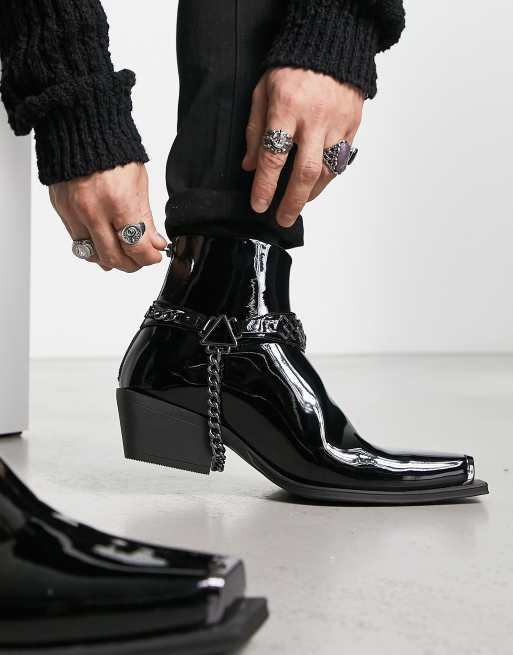 ASOS DESIGN cuban heeled boots in black faux leather with chain detailing