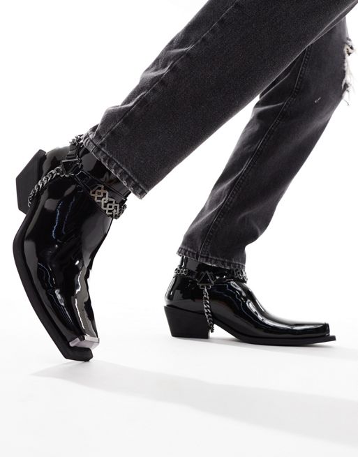 FhyzicsShops DESIGN cuban heeled boots in black faux leather with chain detailing