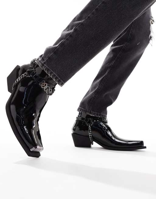 ASOS DESIGN cuban heeled boots in black faux leather with chain detailing