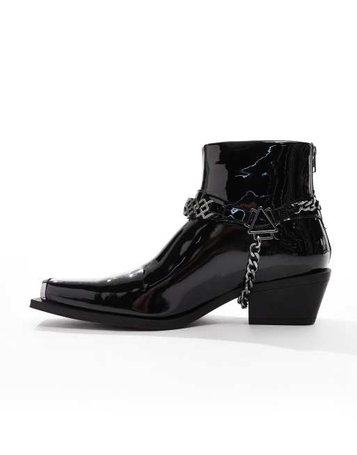 ASOS DESIGN cuban heeled boots in black faux leather with chain detailing