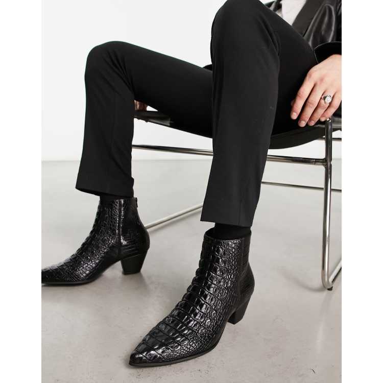 ASOS DESIGN cuban heeled boots in black faux snake with heel detail