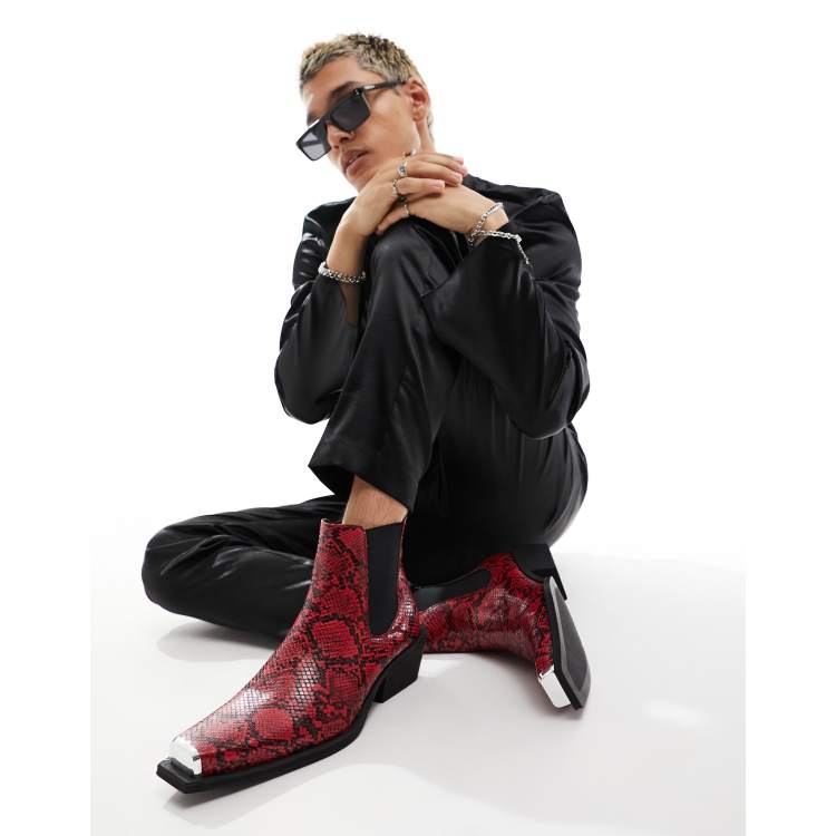 ASOS DESIGN cuban heeled boots in red faux snake skin ASOS