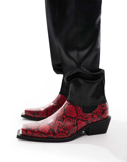 ASOS DESIGN cuban heeled boots in red faux snake skin