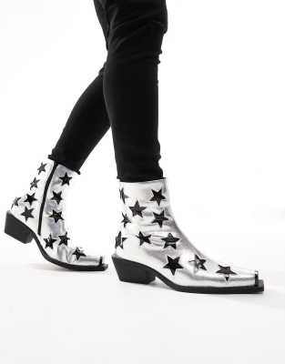 Asos Design Cuban Heeled Boots In Silver Faux Leather With Star Details