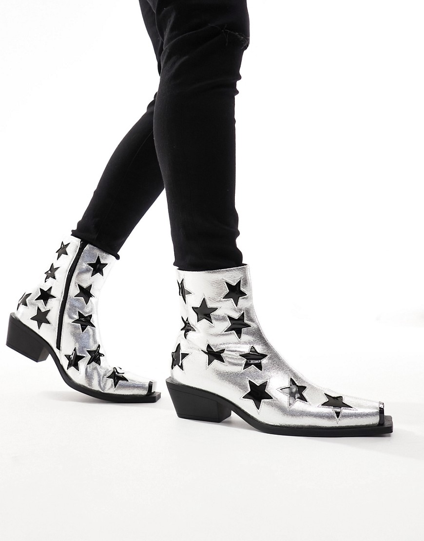 ASOS DESIGN cuban heeled boots in silver faux leather with star details