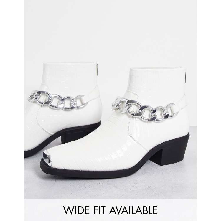 ASOS DESIGN cuban heeled boots in white faux croc with chain