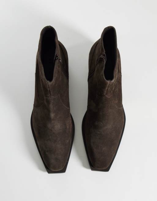 ASOS DESIGN cuban heeled boots with western detailing in brown suede, 2 of 4