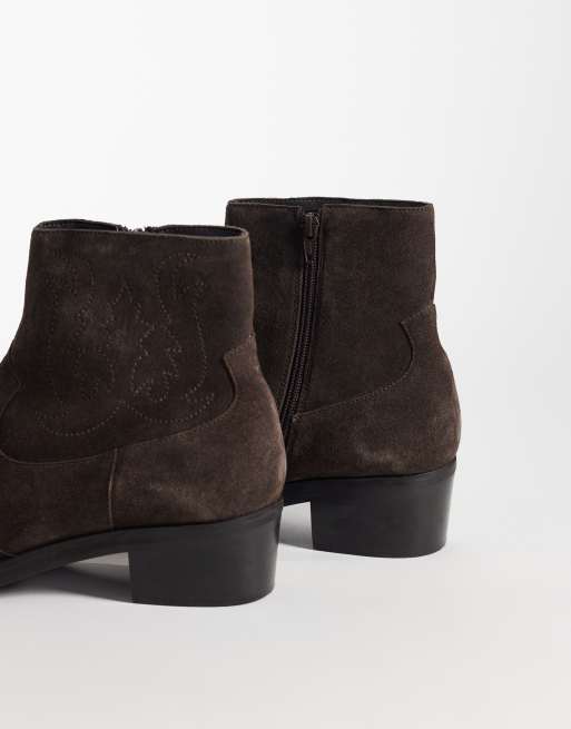 ASOS DESIGN cuban heeled boots with western detailing in brown suede, 4 of 4