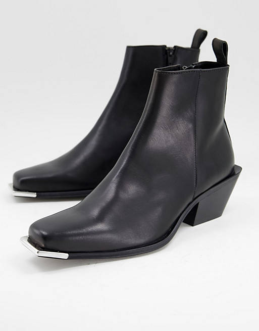 ASOS DESIGN cuban heeled chelsea boot in black leather with metal toe detail