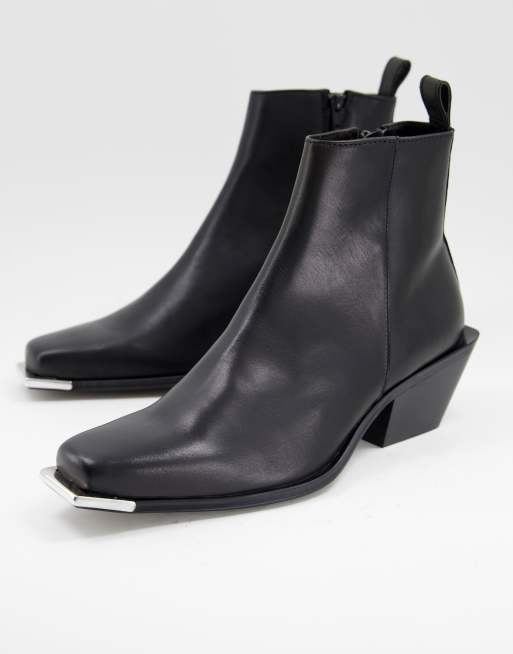 ASOS DESIGN cuban heeled chelsea boot in black leather with metal toe ...