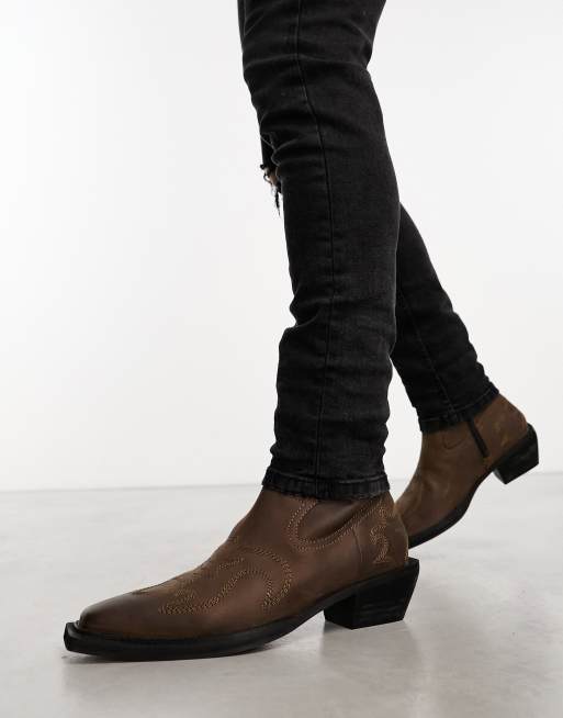 ASOS DESIGN cuban heeled chelsea boot in brown leather with square toe