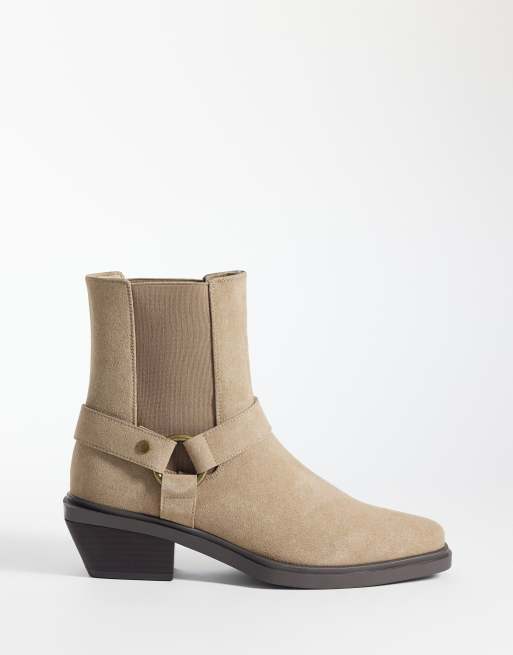 ASOS DESIGN cuban heeled chelsea boot with buckle detail in taupe, 3 of 4