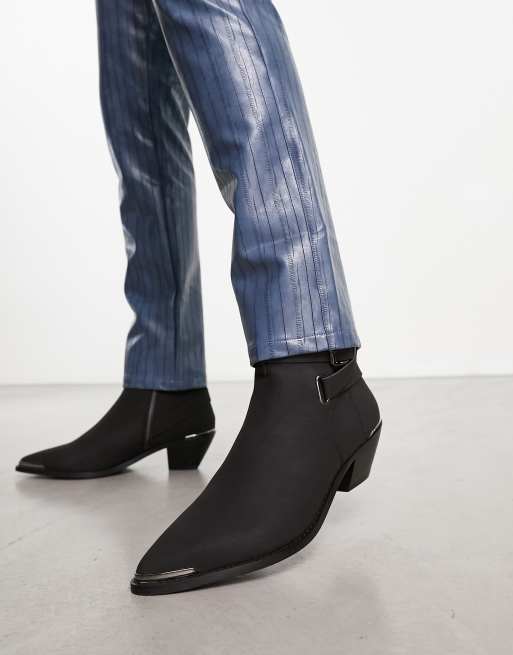 ASOS DESIGN cuban heeled chelsea boots in black faux suede with strap detail