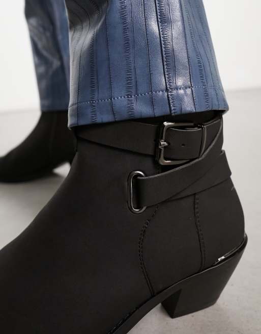 ASOS DESIGN cuban heeled chelsea boots in black faux suede with strap detail