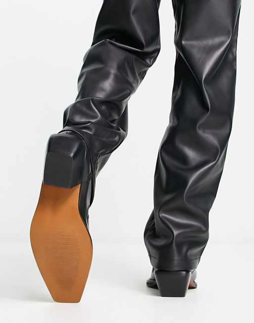 ASOS DESIGN cuban heeled chelsea boots in black leather with square toe, 3 of 4