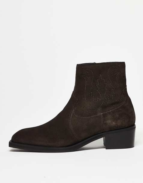 ASOS DESIGN cuban heeled chelsea boots in brown suede with western stitching - view 1