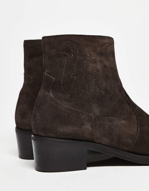 ASOS DESIGN cuban heeled chelsea boots in brown suede with western stitching